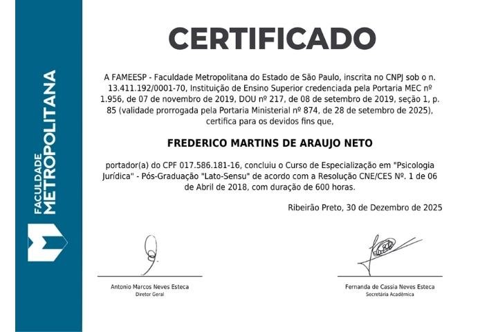 Certificado Psicologia Jurídica - Pós-Graduação